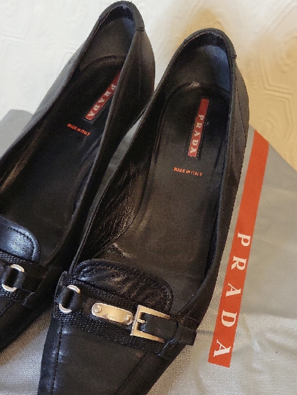 Prada Black Leather Square Toe Loafer Flats — US 8 — Silver Buckle - With Bag